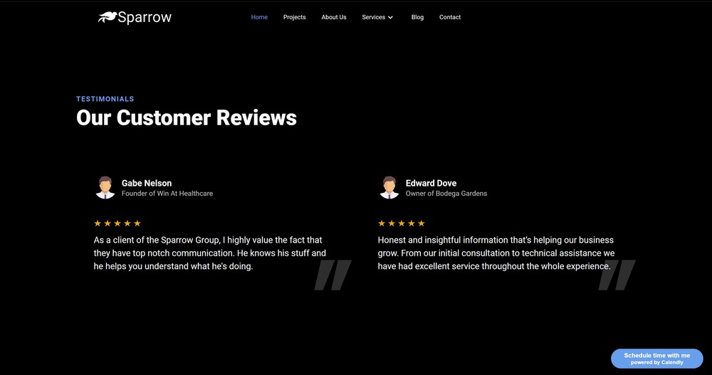 Reviews on the Sparrow Group Homepage